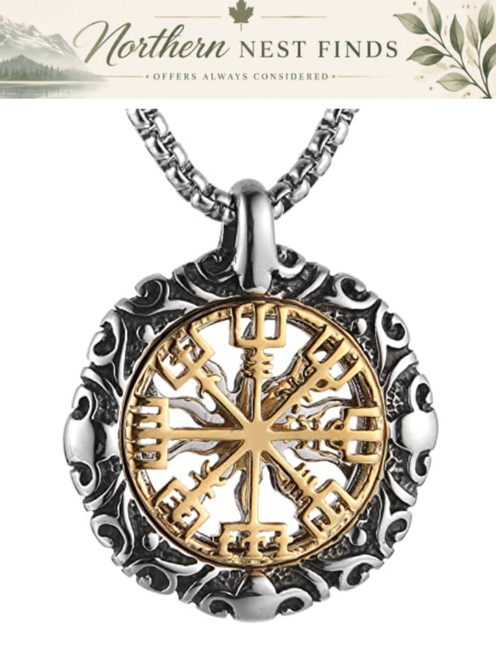 Viking Vegvisir Stainless Steel Reversible Pendant Necklace Norse Amulet